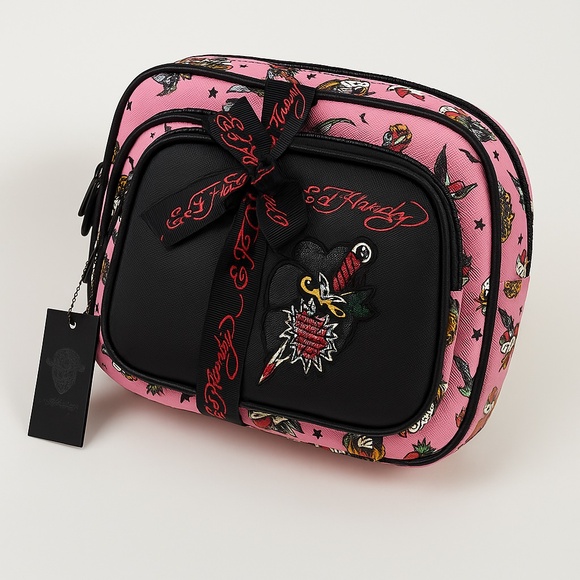 NWT Ed Hardy Dagger Heart Rose 2pc Cosmetic Bag Set Pink Tattoo Print Rhinestone - Picture 1 of 5